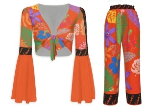 Bermuda Elegant Floral Set (Orange) - Women's  Tie Crop Flared Sleeve Shirt with   Wide-Leg Pants 