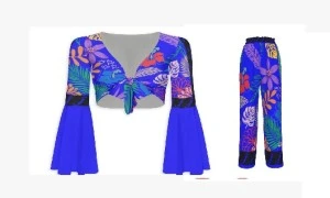 Bermuda Elegant Floral Set (Blue) - Women's Tie Crop Flared Sleeve Shirt with Wide-Leg Pants 