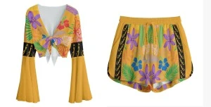 Bermuda Elegant Floral Set (Orange) - Women's Tie Crop Flared Sleeve Shirt with   Drawstring Shorts 