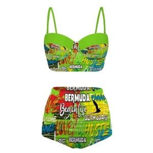 Bermuda Graffiti- Women's High Waist Two Piece Bikini  Swimsuit (Green)